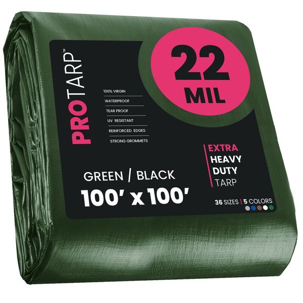 Protarp 100 ft x 100 ft Heavy Duty 22 Mil Tarp, Green/Black, Polyethylene PT-203-100X100